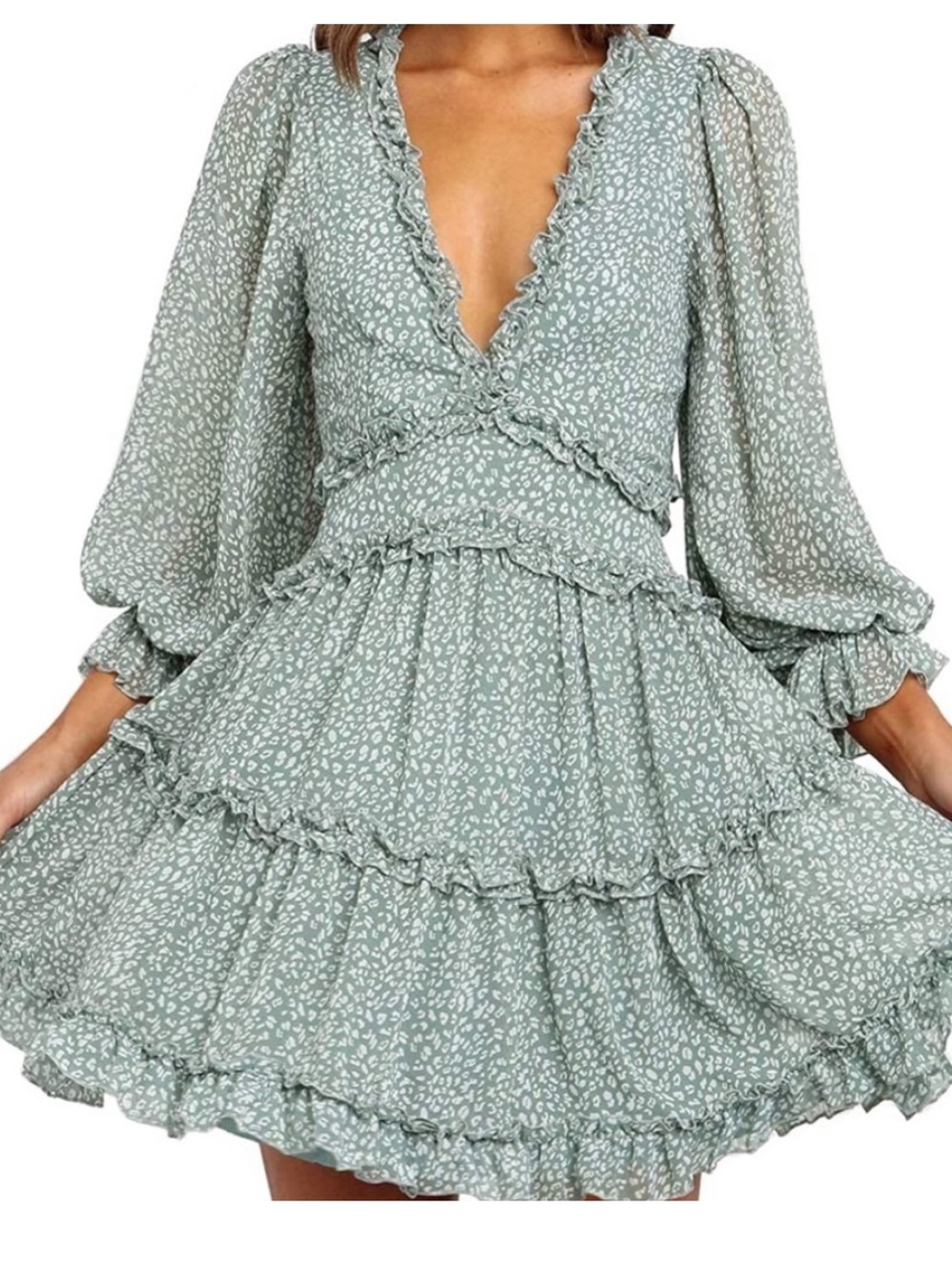 NWT Sucrefas Ruffled V-Neck Mini Dress in Sage Green with Open Back. Size Medium